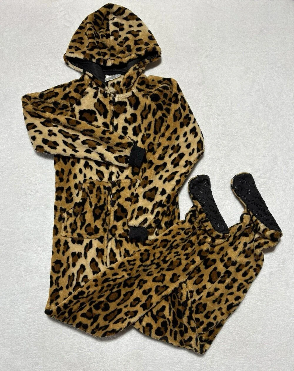 Footed Pajamas Kids Large Cheetah Spots Hooded Chenille One Piece Pockets Soft